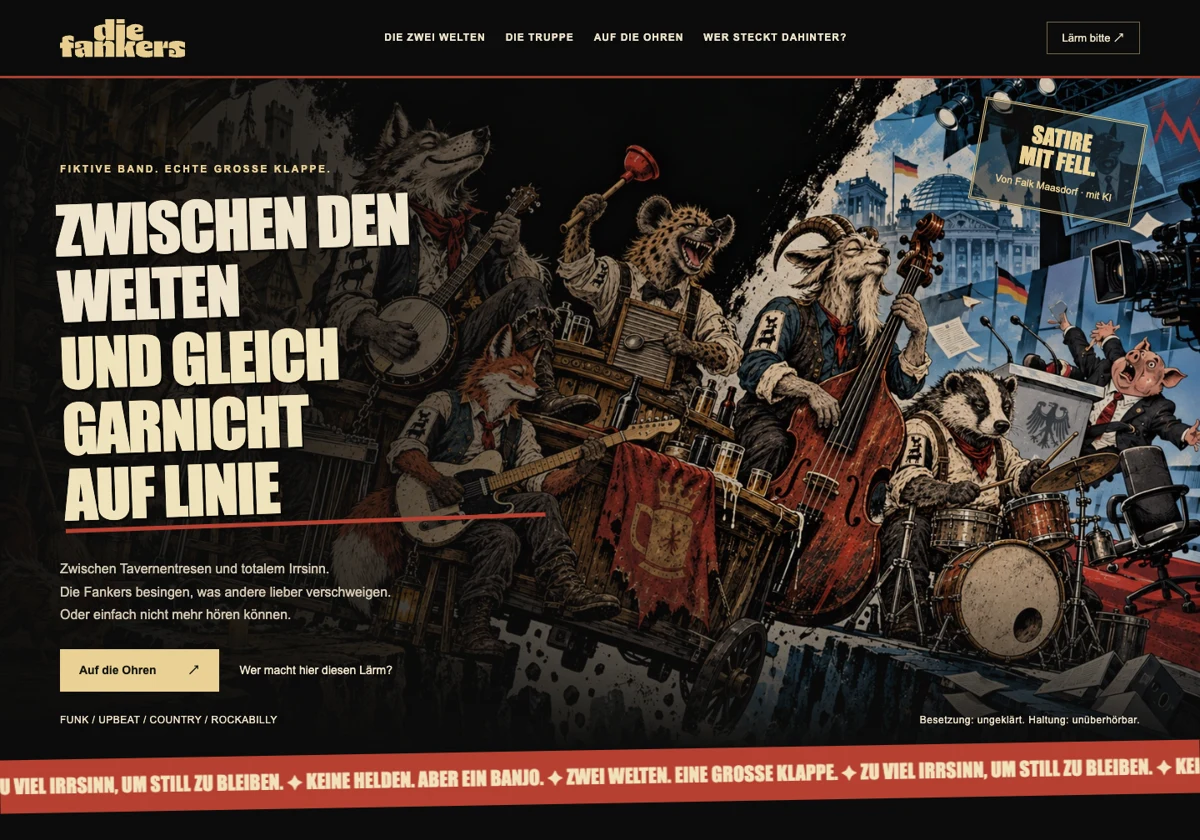 Die-Fankers-Website mit dunkler Bühne, Figuren und zwei Bildwelten