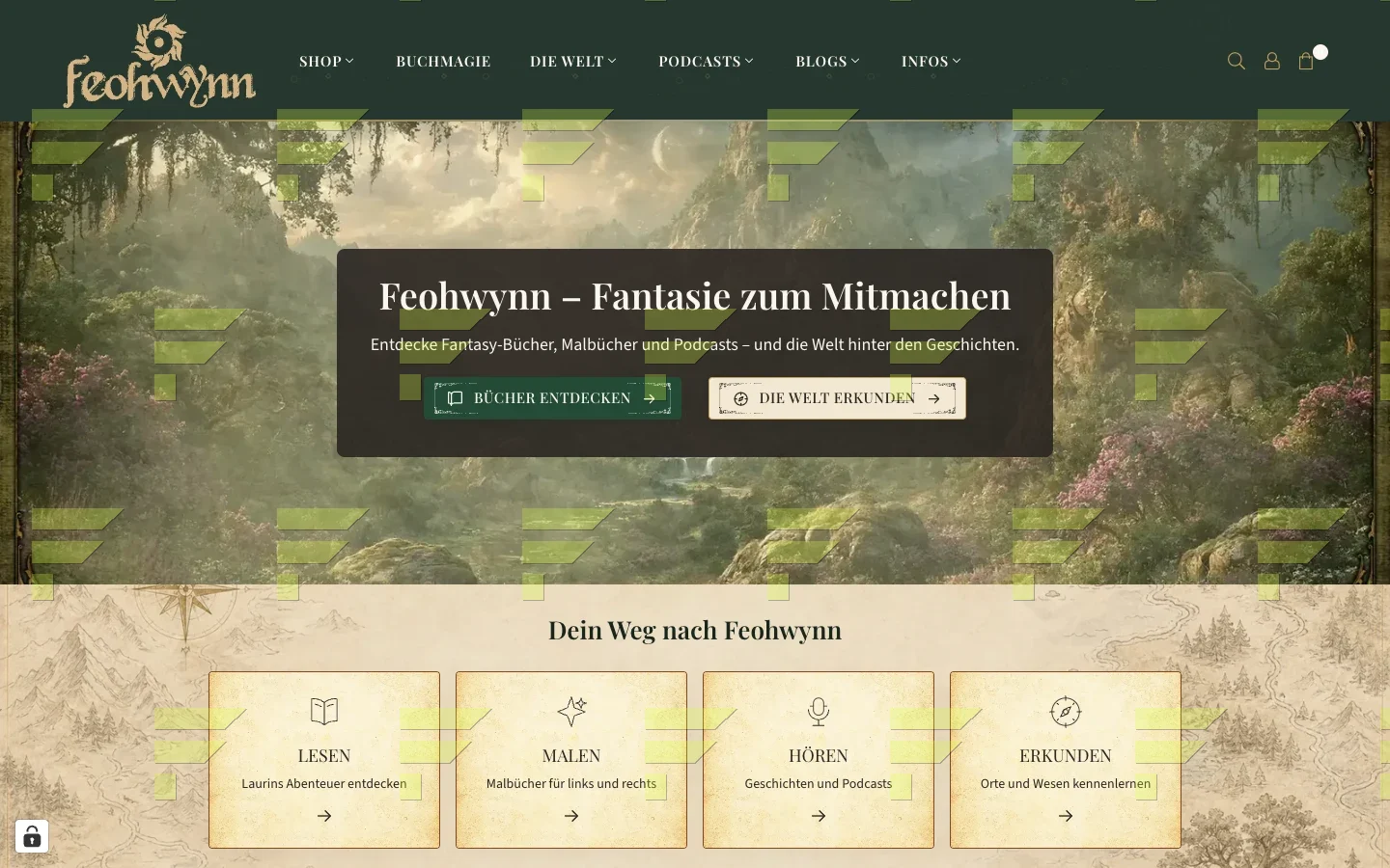 Feohwynn-Shop mit Einstiegen zum Lesen, Malen, Hören und Erkunden