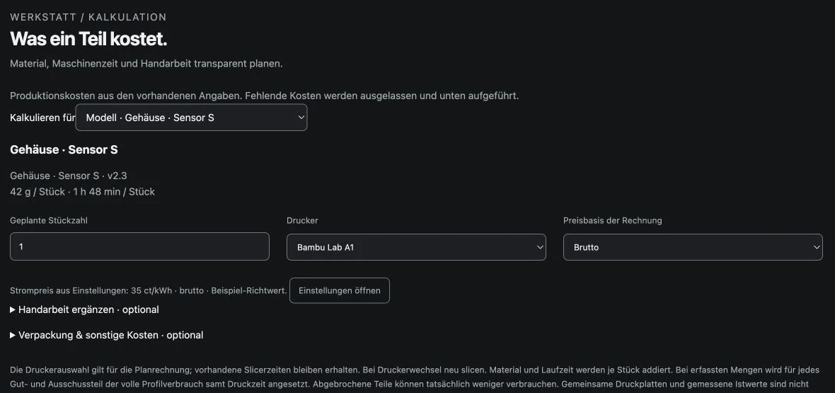 Kalkulationsmaske für Material, Drucker und geplante Stückzahl